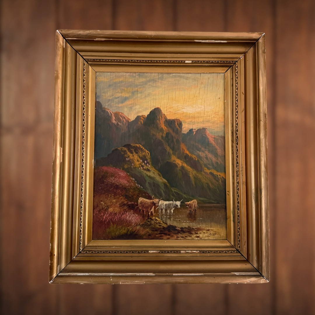 19th Century Highland Cow Painting, Signed J. Scott (1 of 2)