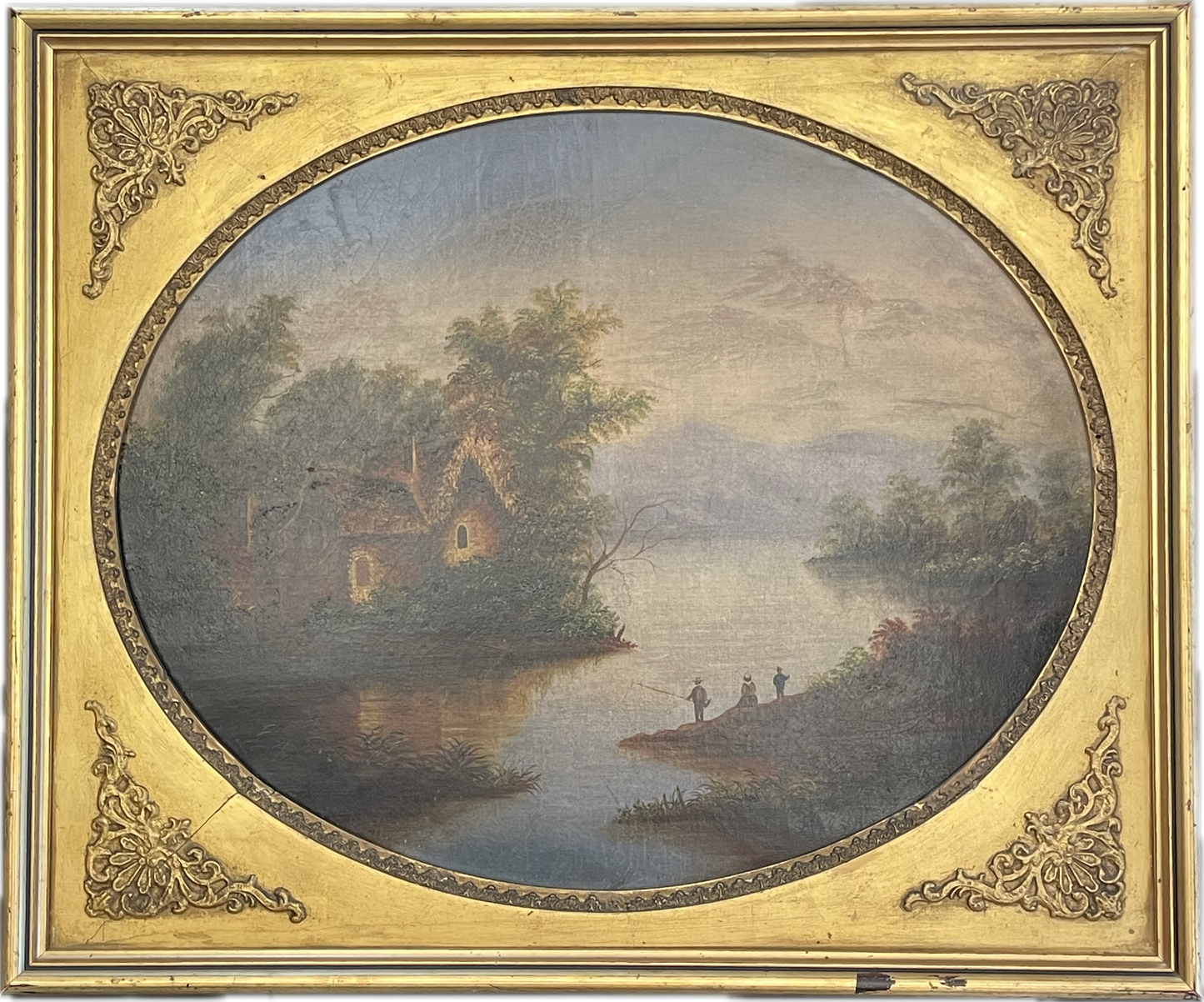 19th Century Oval Cabin Lake Scene Oil on Canvas