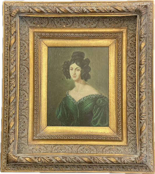 19th Century Lady in Green Dress Portrait Oil on Canvas - Signed