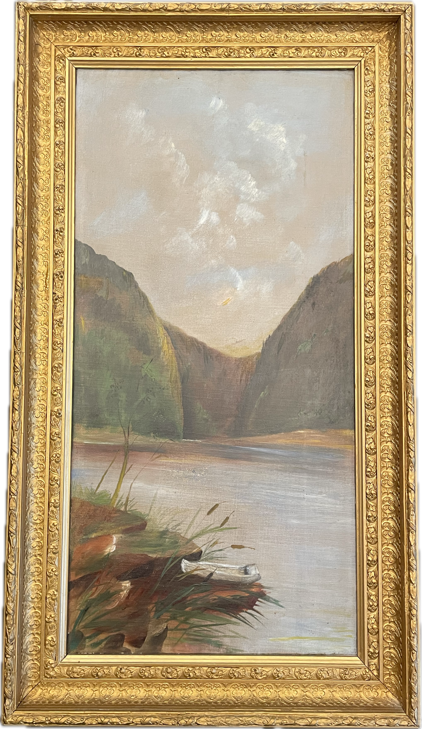 19th Century Vertical Lake Scene Oil on Canvas