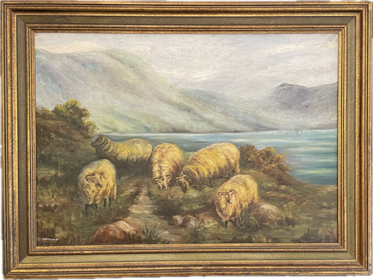 19th Century Sheep Mountainside Landscape Painting - Signed