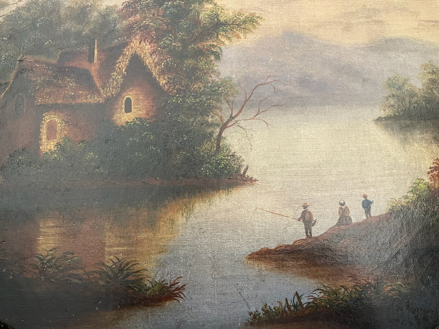 19th Century Oval Cabin Lake Scene Oil on Canvas