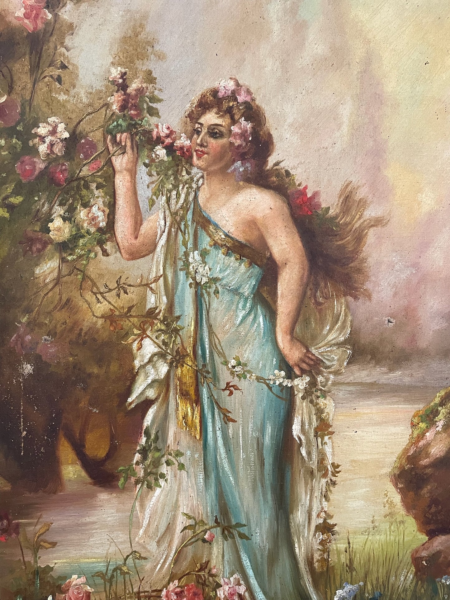 20th Century Floral Goddess Portrait Oil on Canvas - Signed