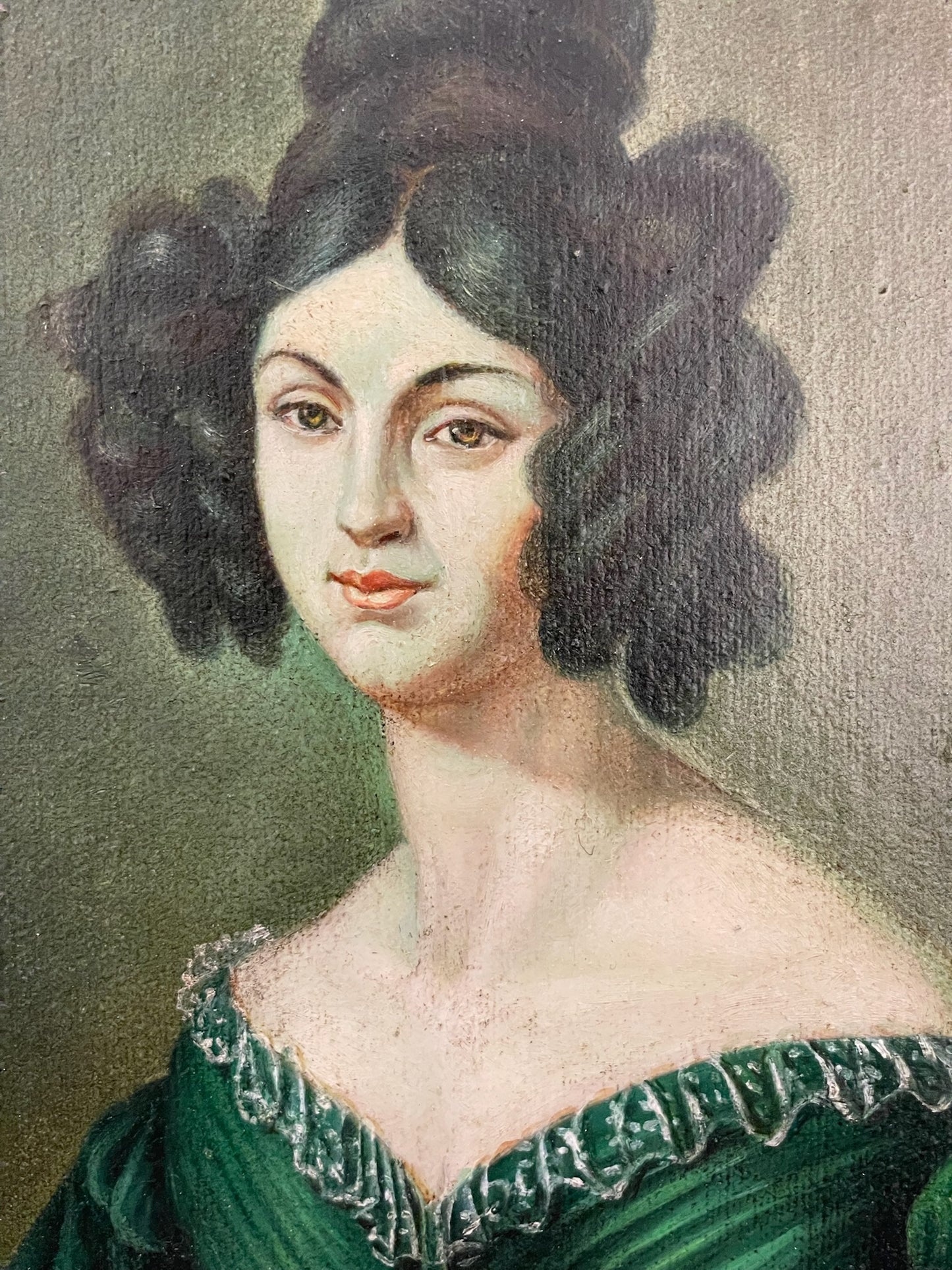 19th Century Lady in Green Dress Portrait Oil on Canvas - Signed