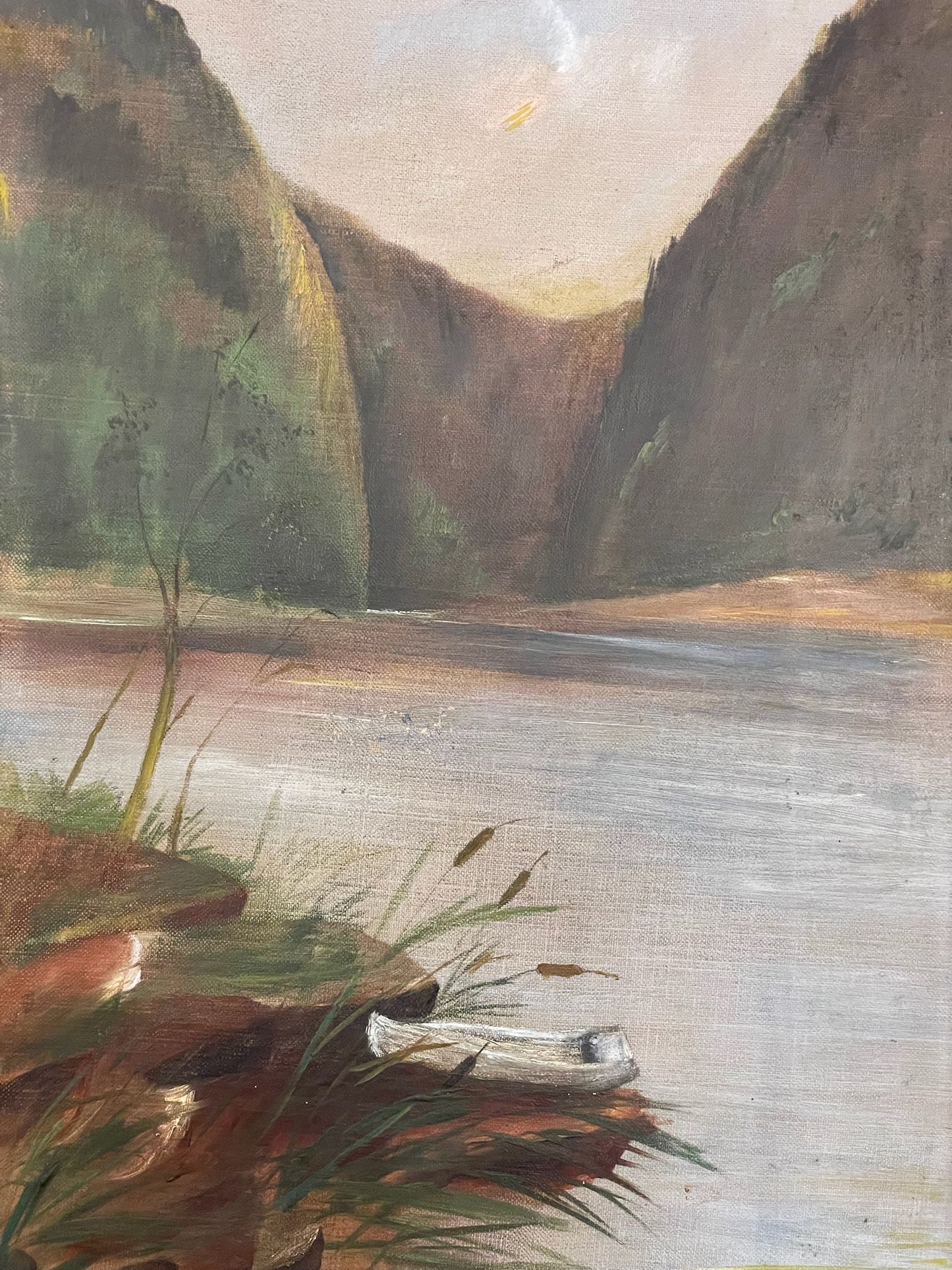 19th Century Vertical Lake Scene Oil on Canvas