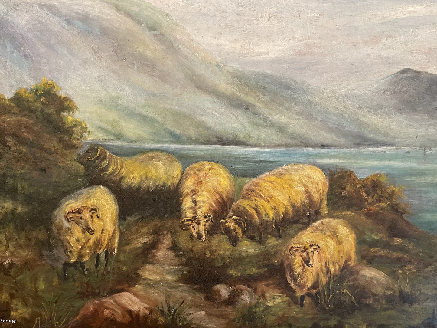 19th Century Sheep Mountainside Landscape Painting - Signed