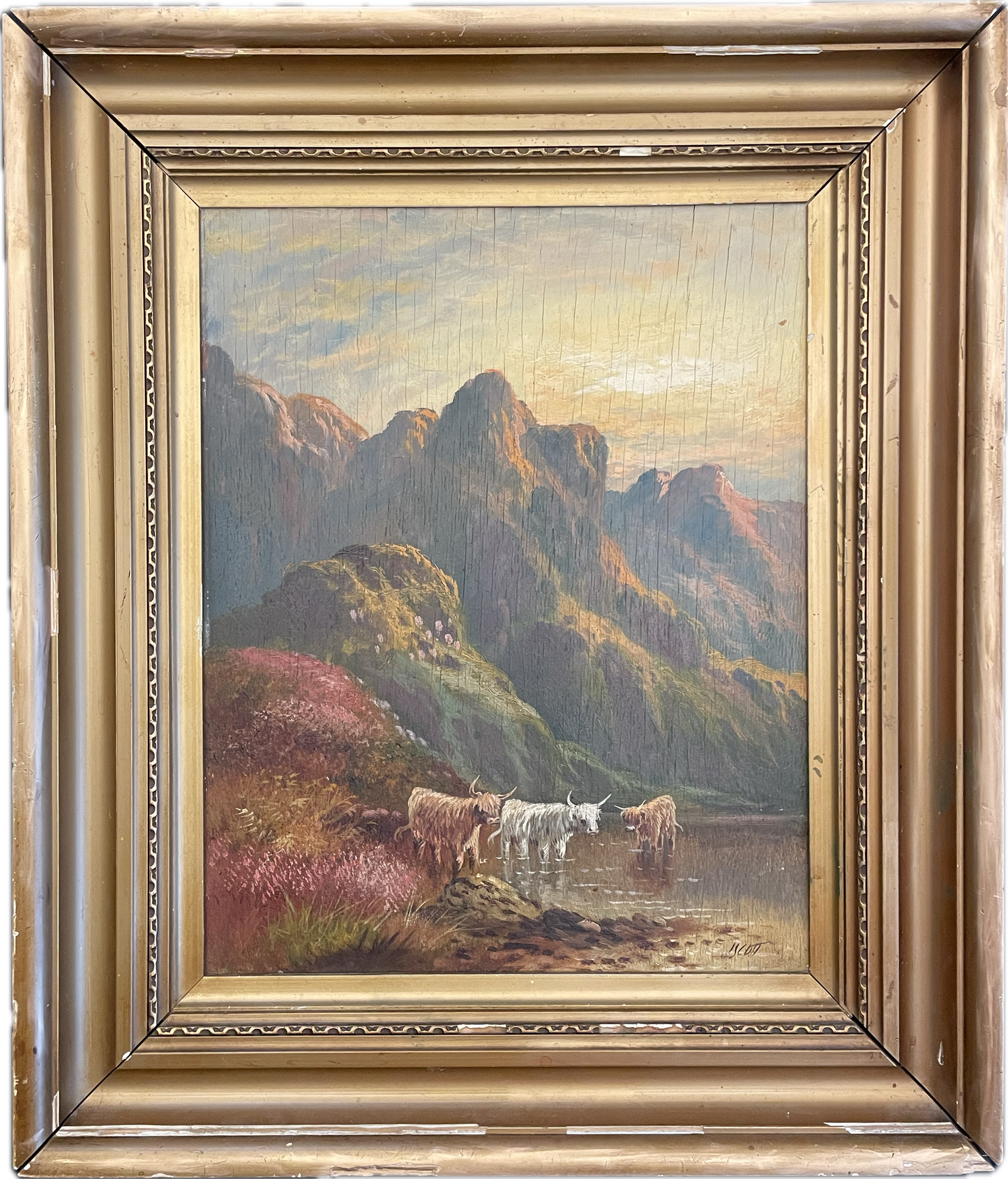 19th Century Scottish Cows on Mountainside Signed J. Scott Painting 1 of 2