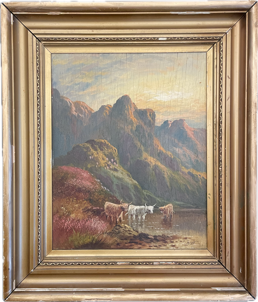 19th Century Scottish Cows on Mountainside Signed J. Scott Painting 1 of 2