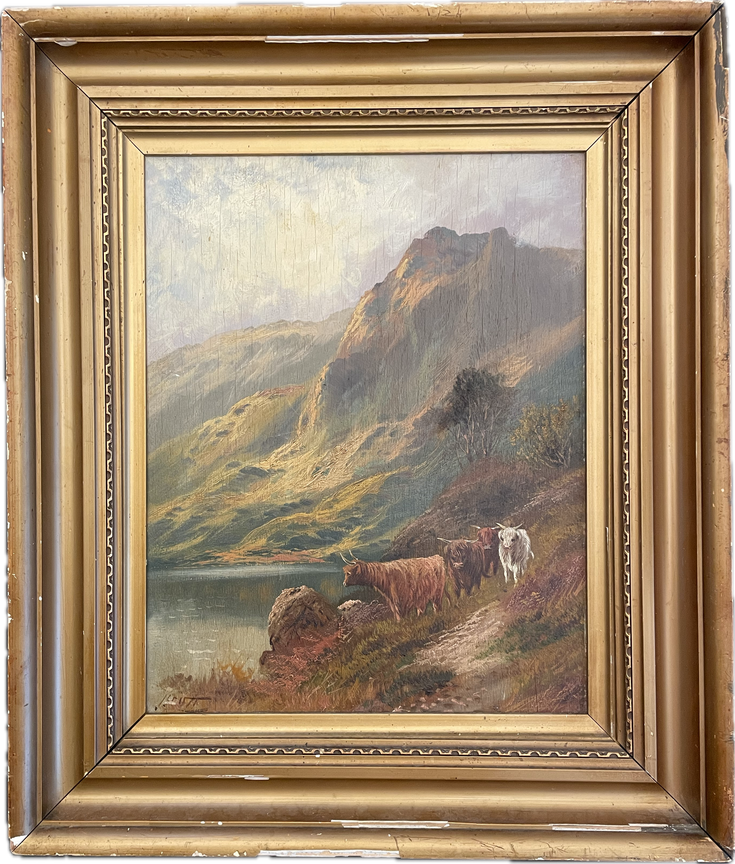 19th Century Scottish Cows on Mountainside Signed J. Scott Painting 2 of 2