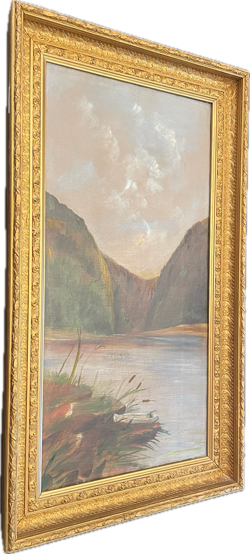 19th Century Vertical Lake Scene Oil on Canvas