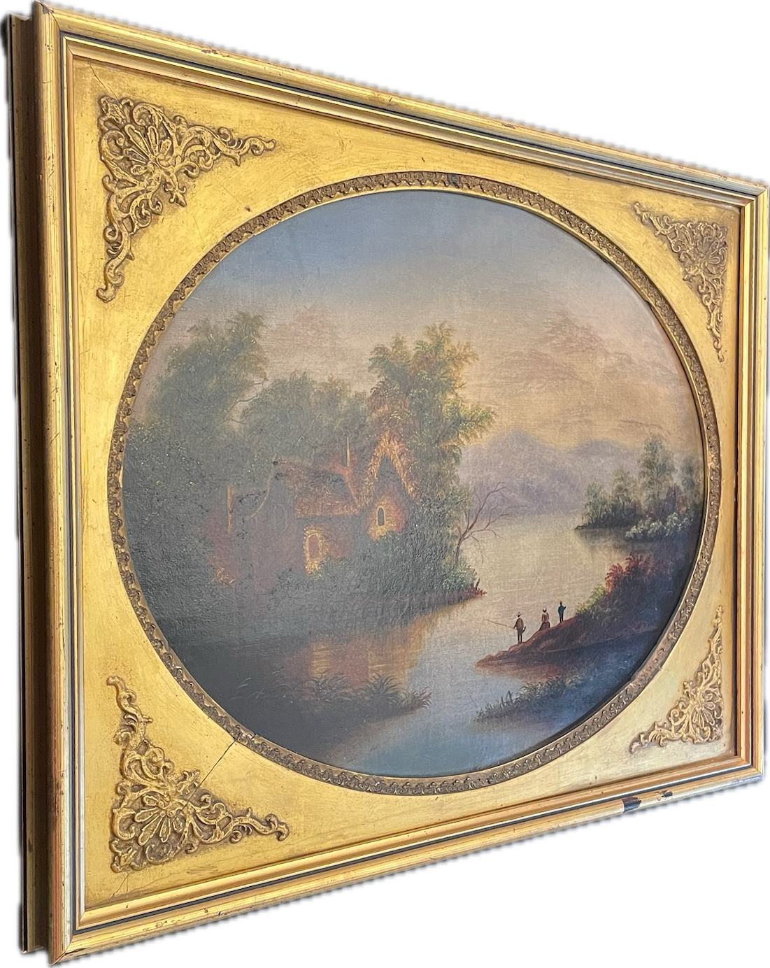 19th Century Oval Cabin Lake Scene Oil on Canvas