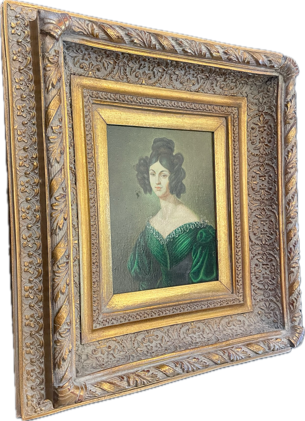 19th Century Lady in Green Dress Portrait Oil on Canvas - Signed