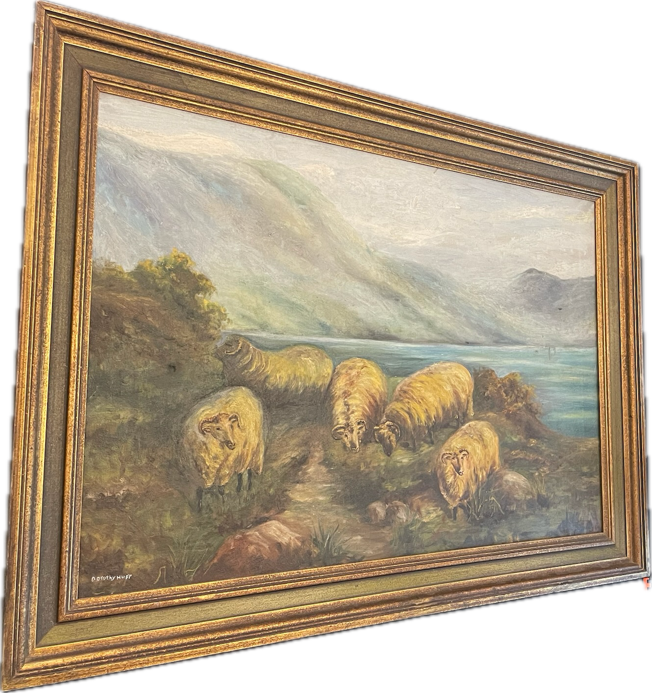 19th Century Sheep Mountainside Landscape Painting - Signed